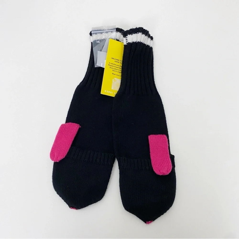 Kerri Rosenthal Heart Mittens Black & Pink Convertible Cotton Cashmere Blend